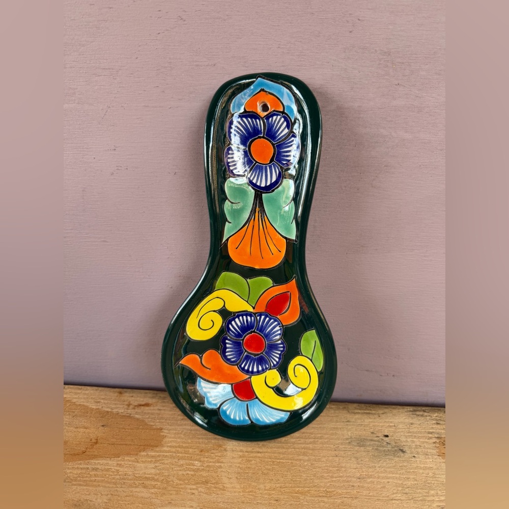 Hand-Painted Floral Talavera Spoon Rest in Dark Green with Bright Accents - Picture 1 of 5